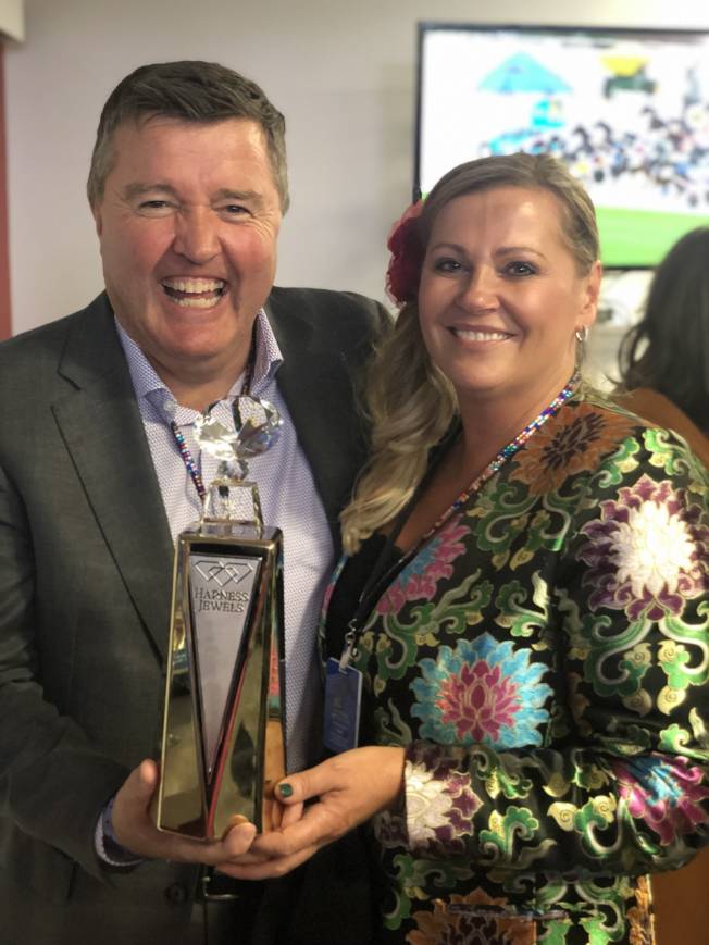 Ken & Karen after TICKLE ME PINK'S Group 1 Harness Jewels win in 2019